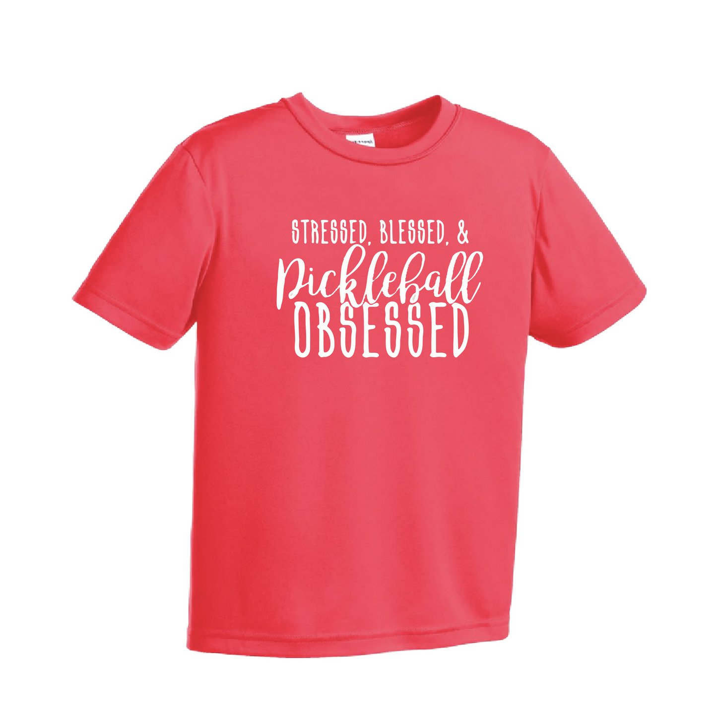 Stressed Blessed & Pickleball Obsessed | Youth Short Sleeve Pickleball Shirts | 100% Polyester