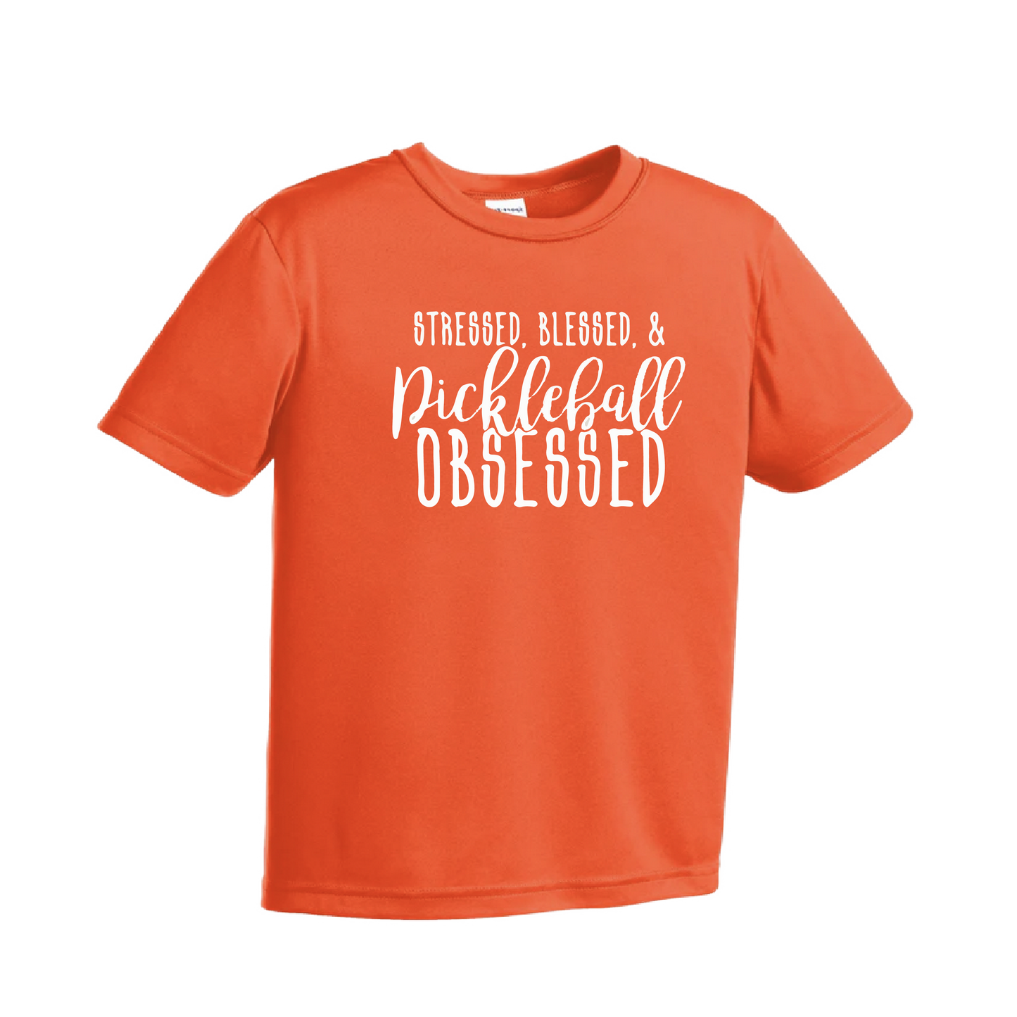 Stressed Blessed & Pickleball Obsessed | Youth Short Sleeve Pickleball Shirts | 100% Polyester