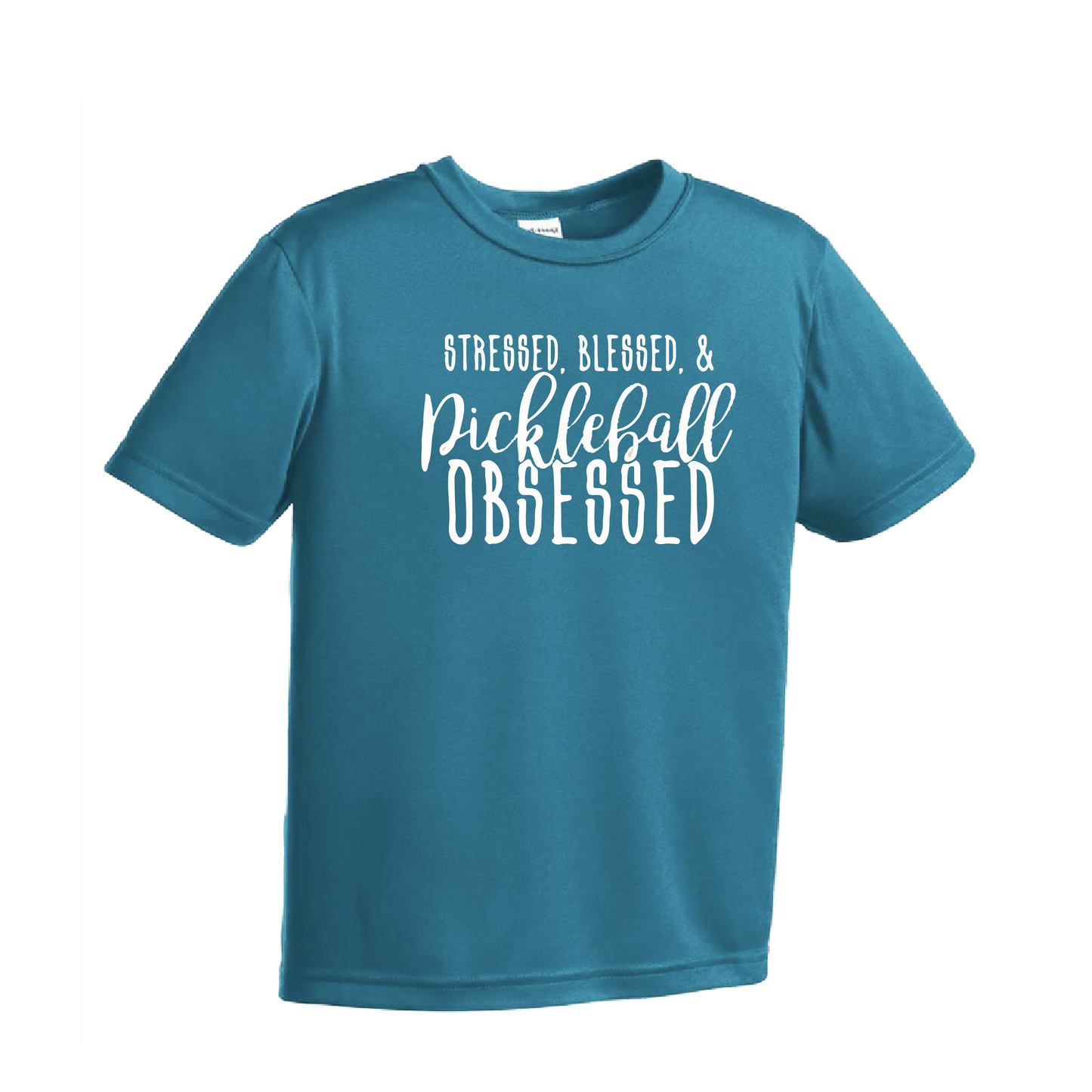 Stressed Blessed & Pickleball Obsessed | Youth Short Sleeve Pickleball Shirts | 100% Polyester