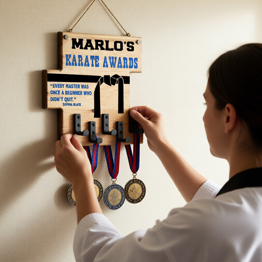 Custom Karate "Every Master Was Once a Beginner Who Didn't Quit" Trophy Display Rack | Sports Tournament Award Hanger