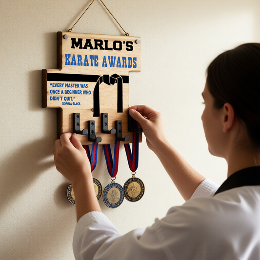 Custom Karate "Every Master Was Once a Beginner Who Didn't Quit" Trophy Display Rack | Sports Tournament Award Hanger