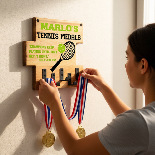 Custom Tennis "Champions Keep Playing Until They Get It Right" Trophy Display Rack | Sports Tournament Award Hanger