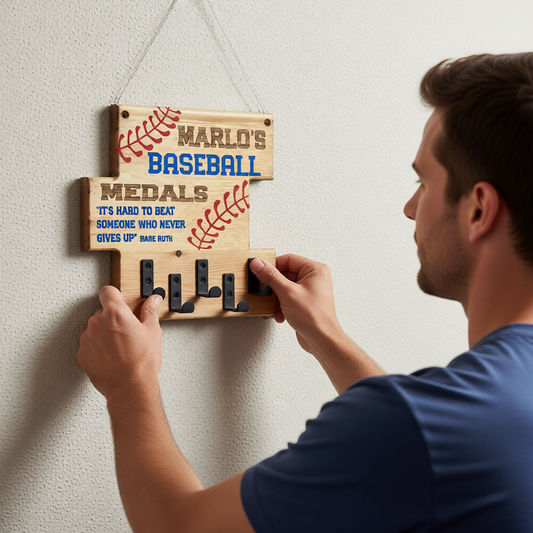 Custom Baseball "It's Hard to Beat Someone Who Never Gives Up" Trophy Display Rack | Sports Tournament Award Hanger