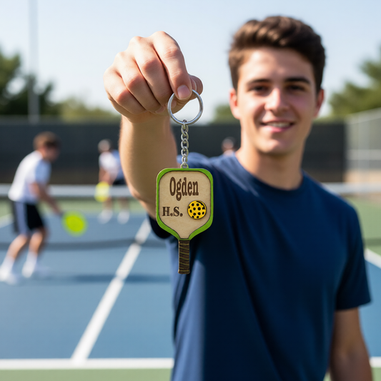 Set of 10 Ogden Custom Pickleball Paddle Keychain, Personalized Balsa Wood Keychain, Pickleball Player Gift