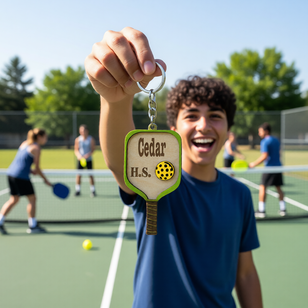 Set of 10 Cedar High Custom Pickleball Paddle Keychain, Personalized Balsa Wood Keychain, Pickleball Player Gift