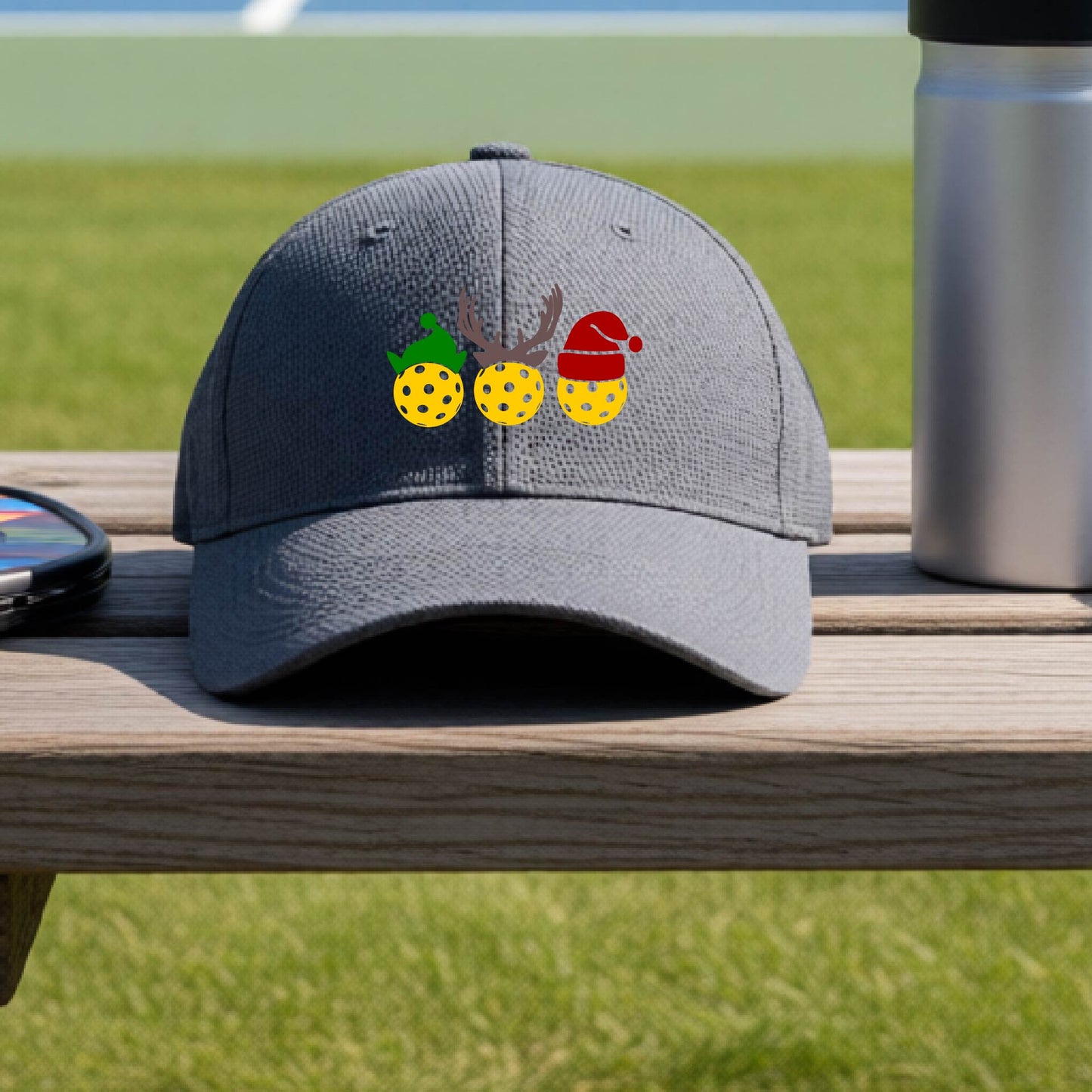 A graphite gray baseball hat with a pickleball Christmas graphic of three pickleballs wearing an elf hat, antlers and  santa hat.