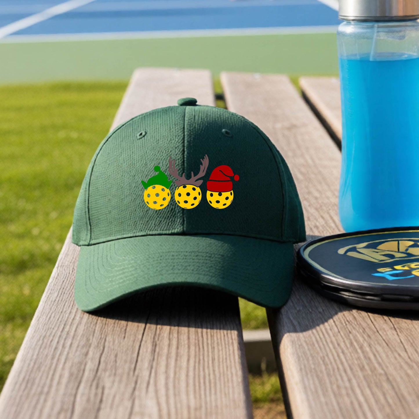 A green baseball hat with a pickleball Christmas graphic of three pickleballs wearing an elf hat, antlers and  santa hat.