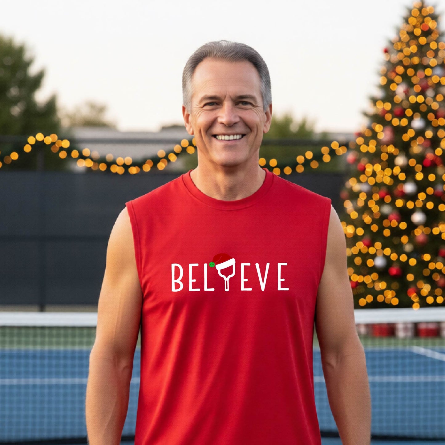 A smiling man wearing a red sleeveless shirt with the word 'BELIEVE' with the I repalced with a pickleball paddle wearing a Santa hat graphic stands on a pickleball court with a Christmas tree iand lights n the background.