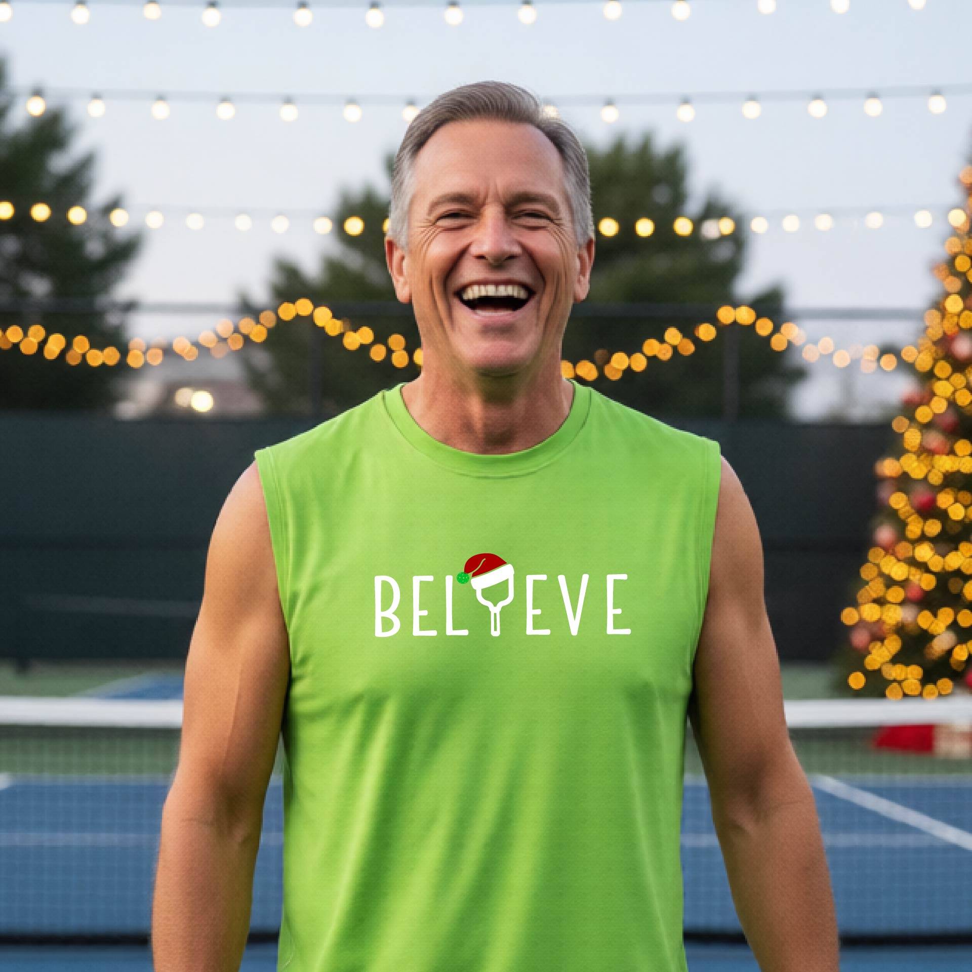 A smiling man wearing a lime green sleeveless shirt with the word 'BELIEVE' with the I repalced with a pickleball paddle wearing a Santa hat graphic stands on a pickleball court with a Christmas tree iand lights n the background.