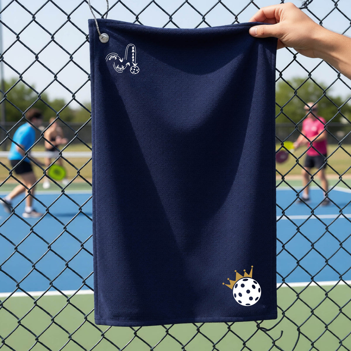 A close up of a navy blue grommet and hook pickleball court towel with a DINK DINK SMASH graphic in the upper left corner and a white pickleball crown with ball graphic in the bottom right corner. 