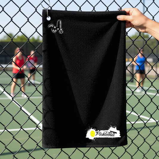 A black pickleball terry cloth towel in front of a chain-link fence at a pickleball court, The towel features a white and black Pickleball splatter graphic near the bottom rigfht and a white DINK DINK SMASH Pickleball icon near the top left.