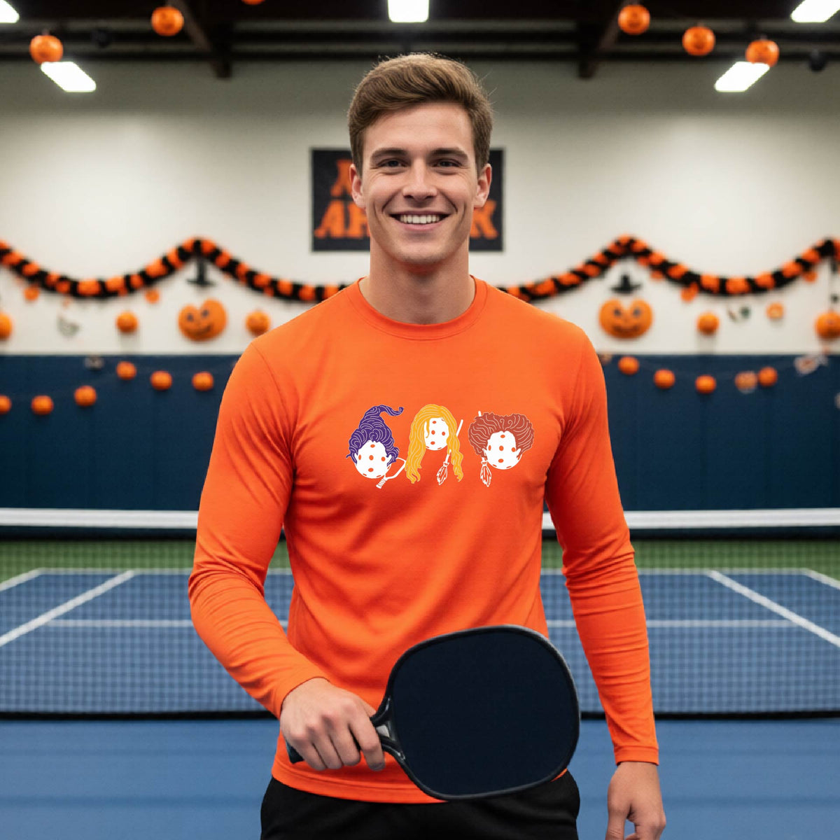 Halloween Shirt for Mens Pickleball Players Funny Long-Sleeve Pickleball T-Shirt Spooky Season Moisture-Wicking