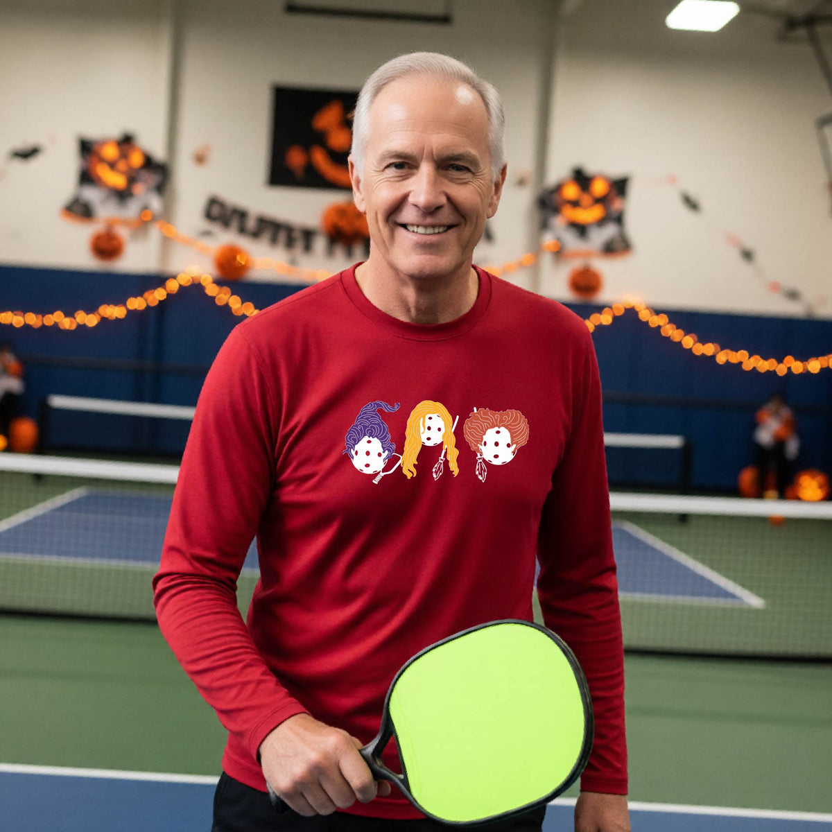 Halloween Shirt for Mens Pickleball Players Funny Long-Sleeve Pickleball T-Shirt Spooky Season Moisture-Wicking