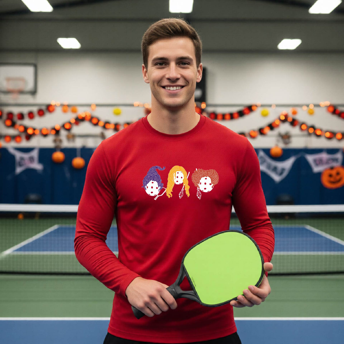 Halloween Shirt for Mens Pickleball Players Funny Long-Sleeve Pickleball T-Shirt Spooky Season Moisture-Wicking