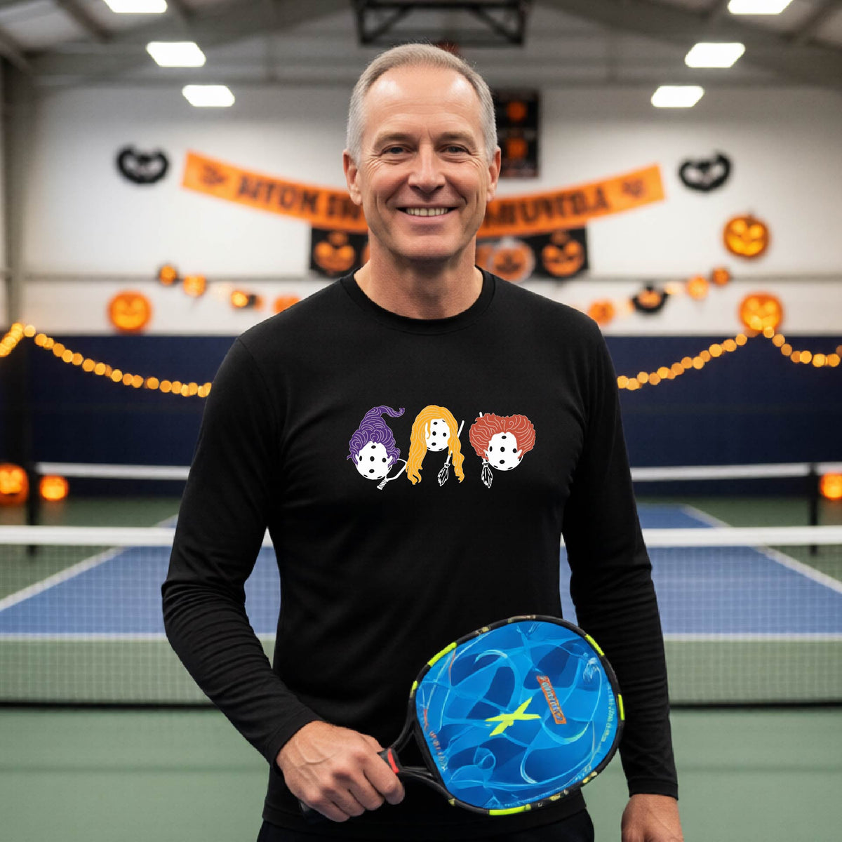 Halloween Shirt for Mens Pickleball Players Funny Long-Sleeve Pickleball T-Shirt Spooky Season Moisture-Wicking