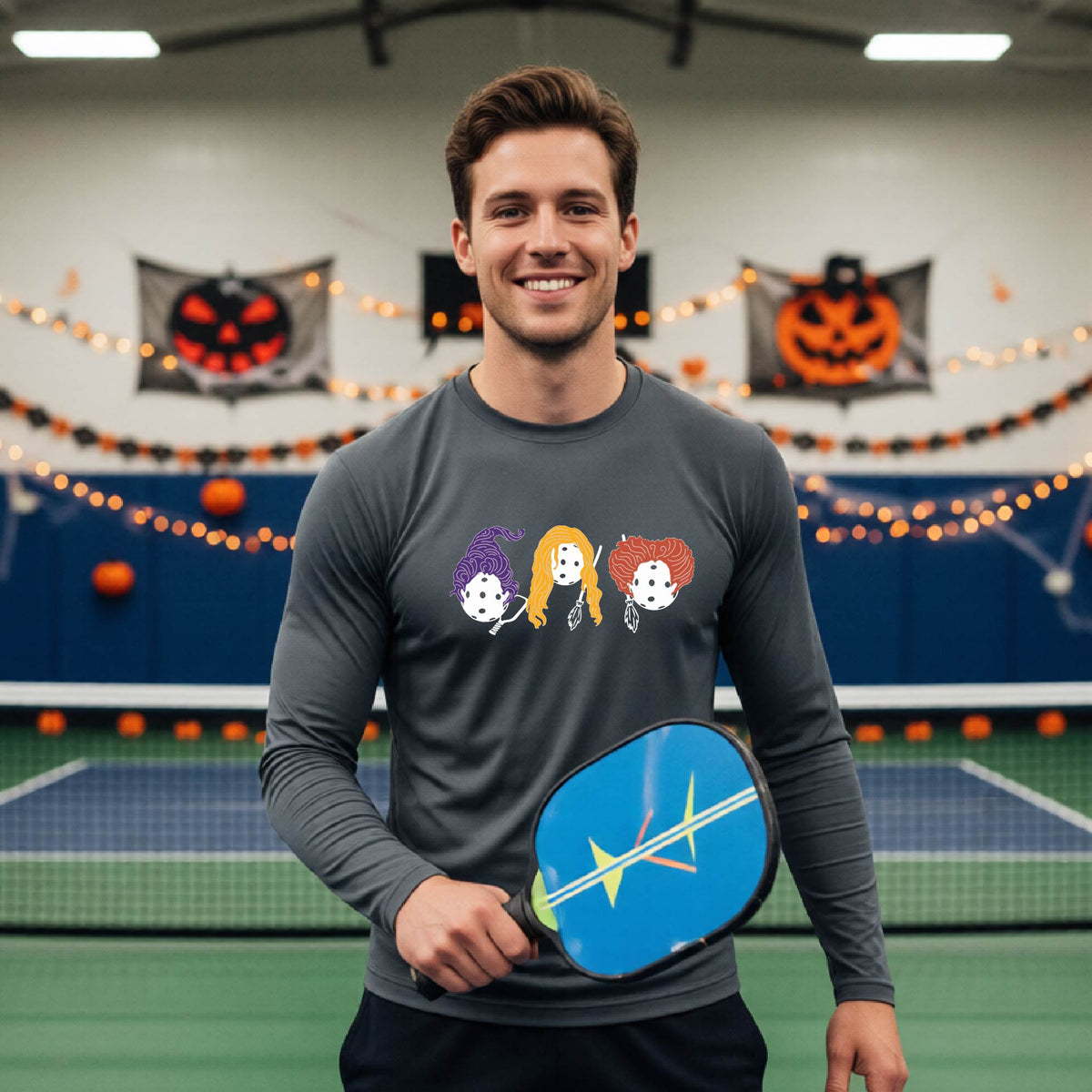 Halloween Shirt for Mens Pickleball Players Funny Long-Sleeve Pickleball T-Shirt Spooky Season Moisture-Wicking
