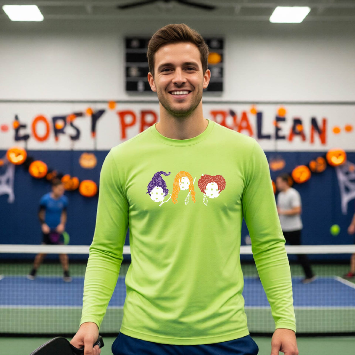 Halloween Shirt for Mens Pickleball Players Funny Long-Sleeve Pickleball T-Shirt Spooky Season Moisture-Wicking