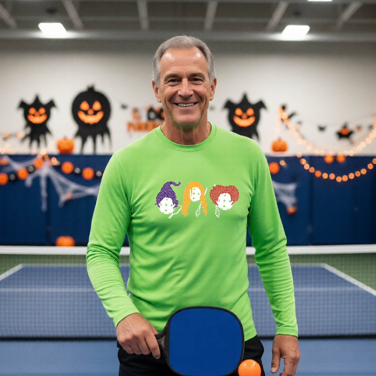Halloween Shirt for Mens Pickleball Players Funny Long-Sleeve Pickleball T-Shirt Spooky Season Moisture-Wicking