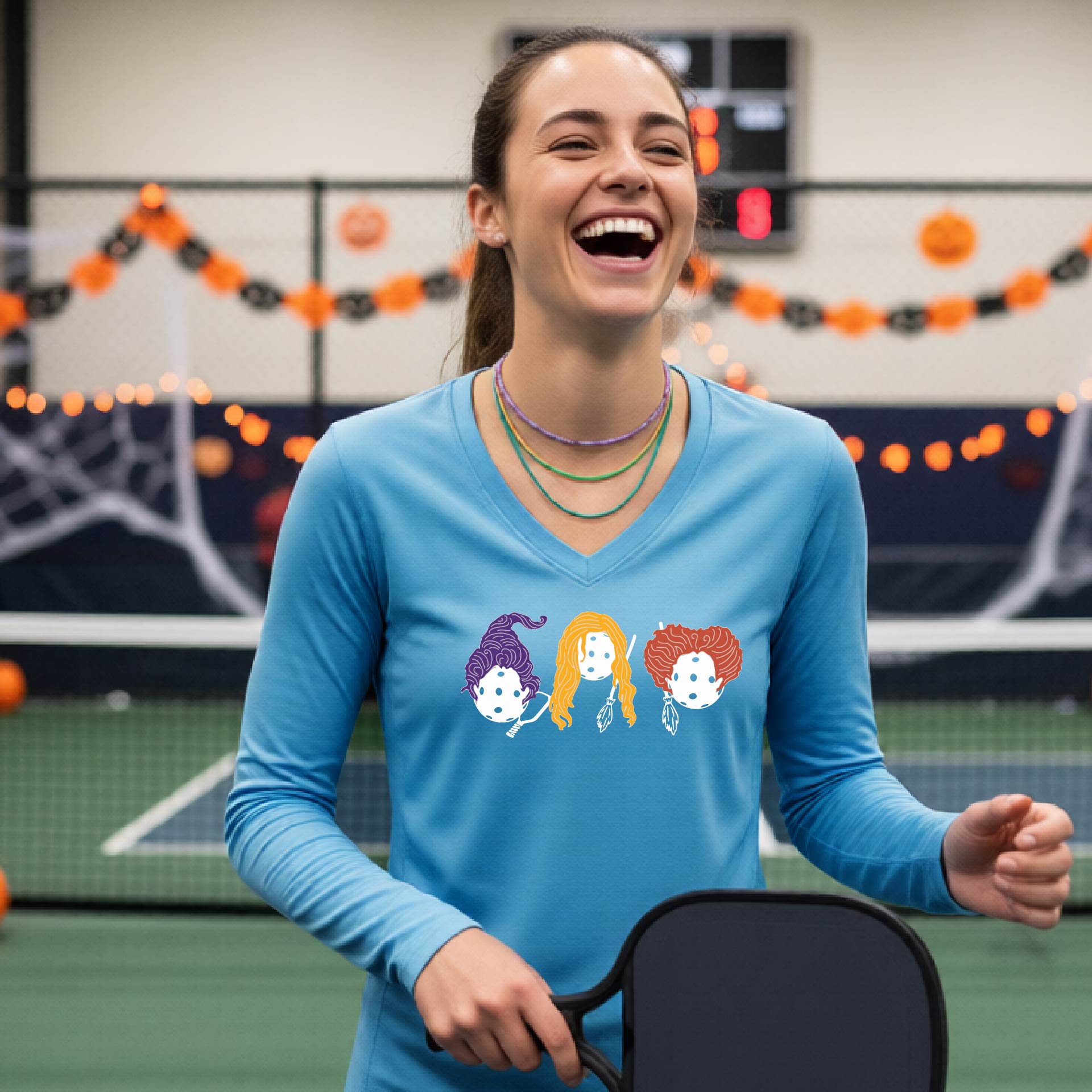 Pickleball Womens Halloween Shirt Funny Moisture-Wicking Long-Sleeve T-Shirt Spooky Season Pickleball Apparel Gift for Players