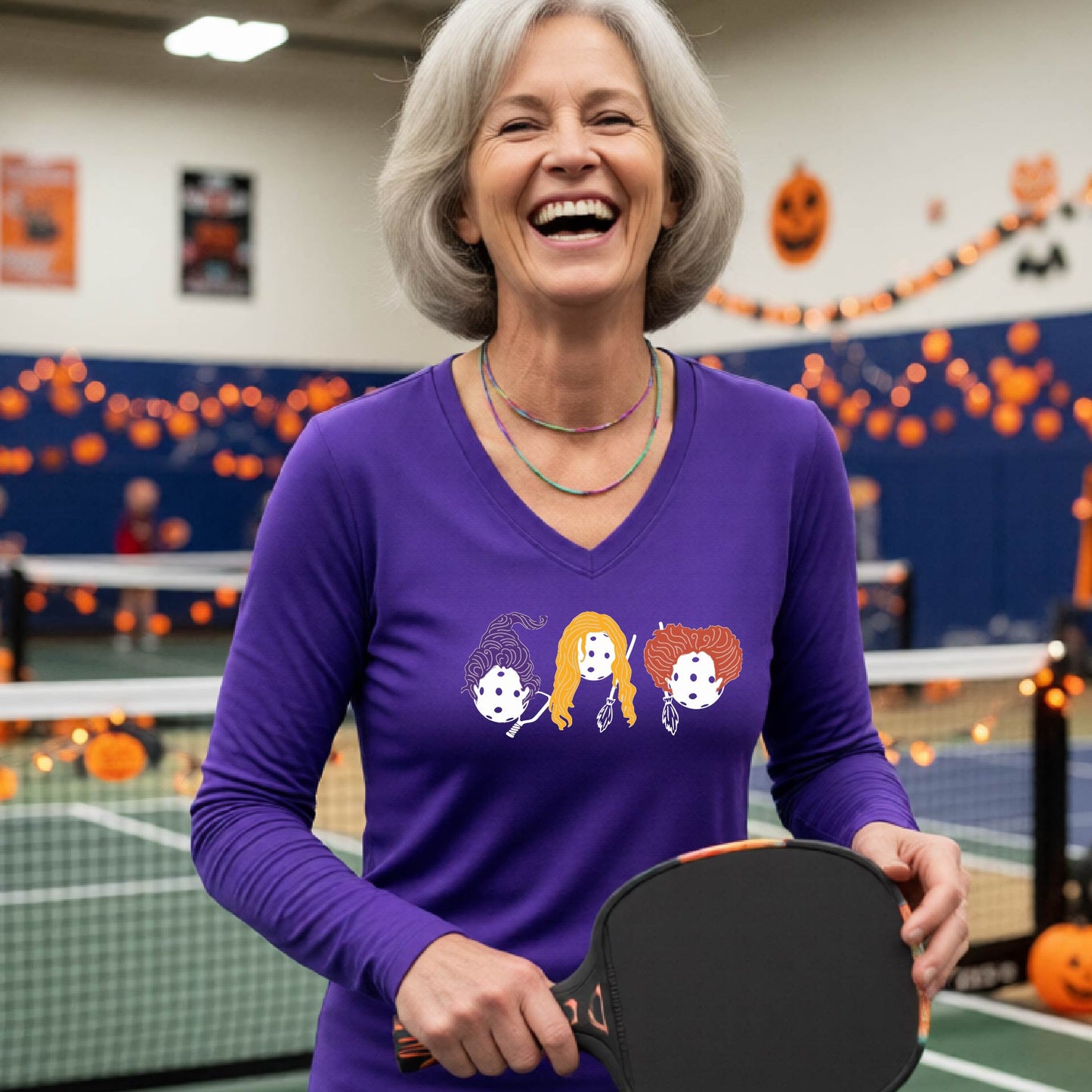 Pickleball Womens Halloween Shirt Funny Moisture-Wicking Long-Sleeve T-Shirt Spooky Season Pickleball Apparel Gift for Players