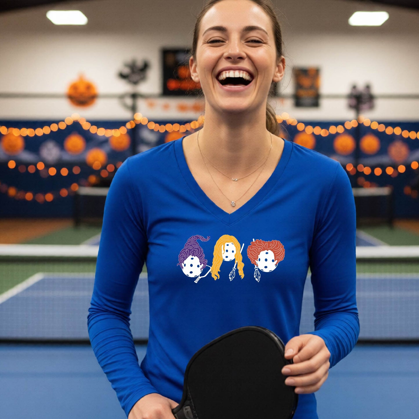 Pickleball Womens Halloween Shirt Funny Moisture-Wicking Long-Sleeve T-Shirt Spooky Season Pickleball Apparel Gift for Players