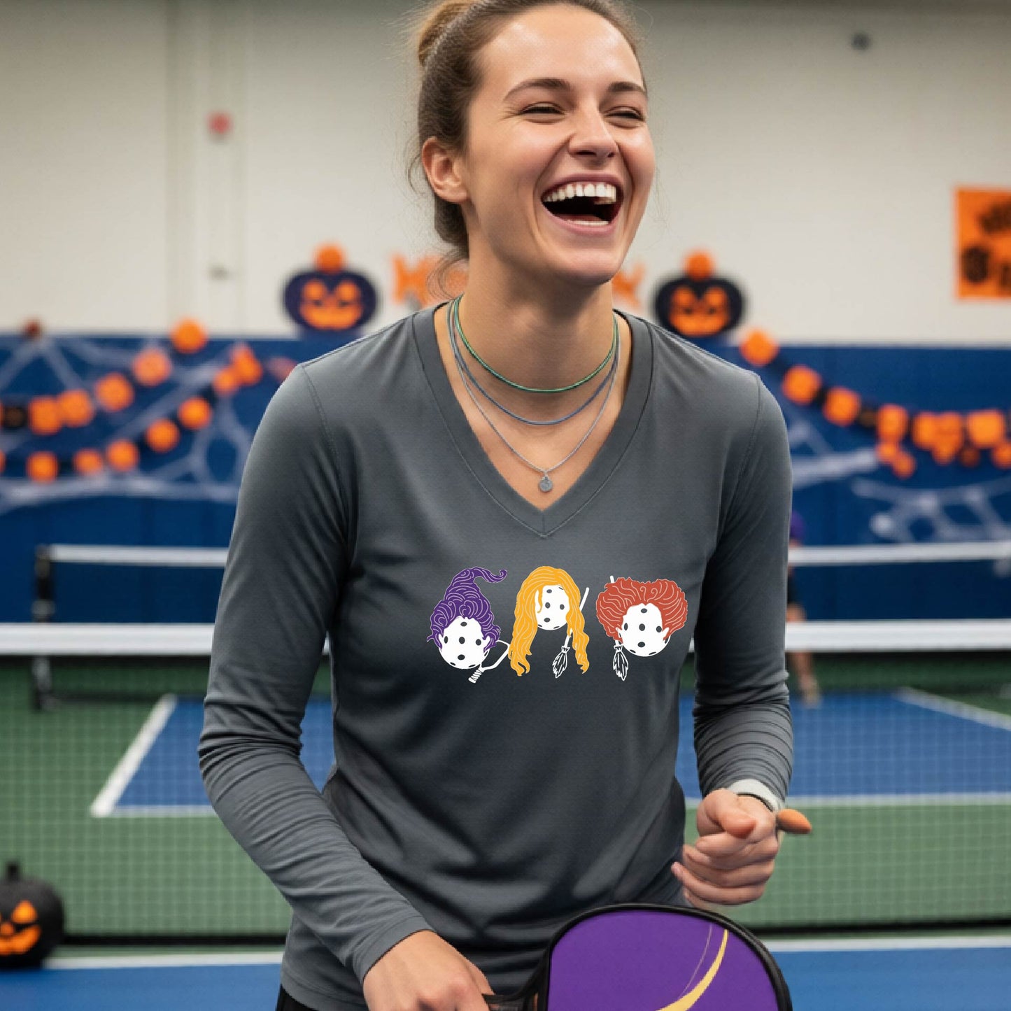 Pickleball Womens Halloween Shirt Funny Moisture-Wicking Long-Sleeve T-Shirt Spooky Season Pickleball Apparel Gift for Players