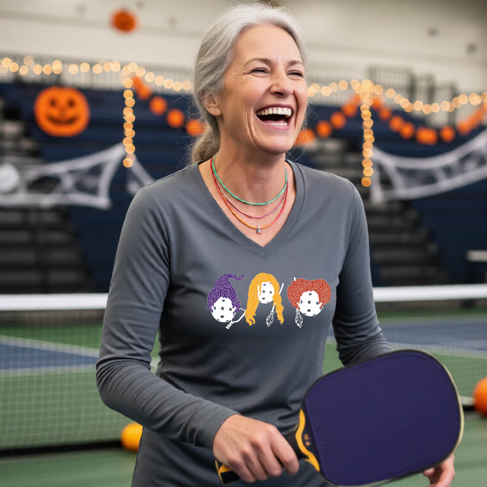 Pickleball Womens Halloween Shirt Funny Moisture-Wicking Long-Sleeve T-Shirt Spooky Season Pickleball Apparel Gift for Players