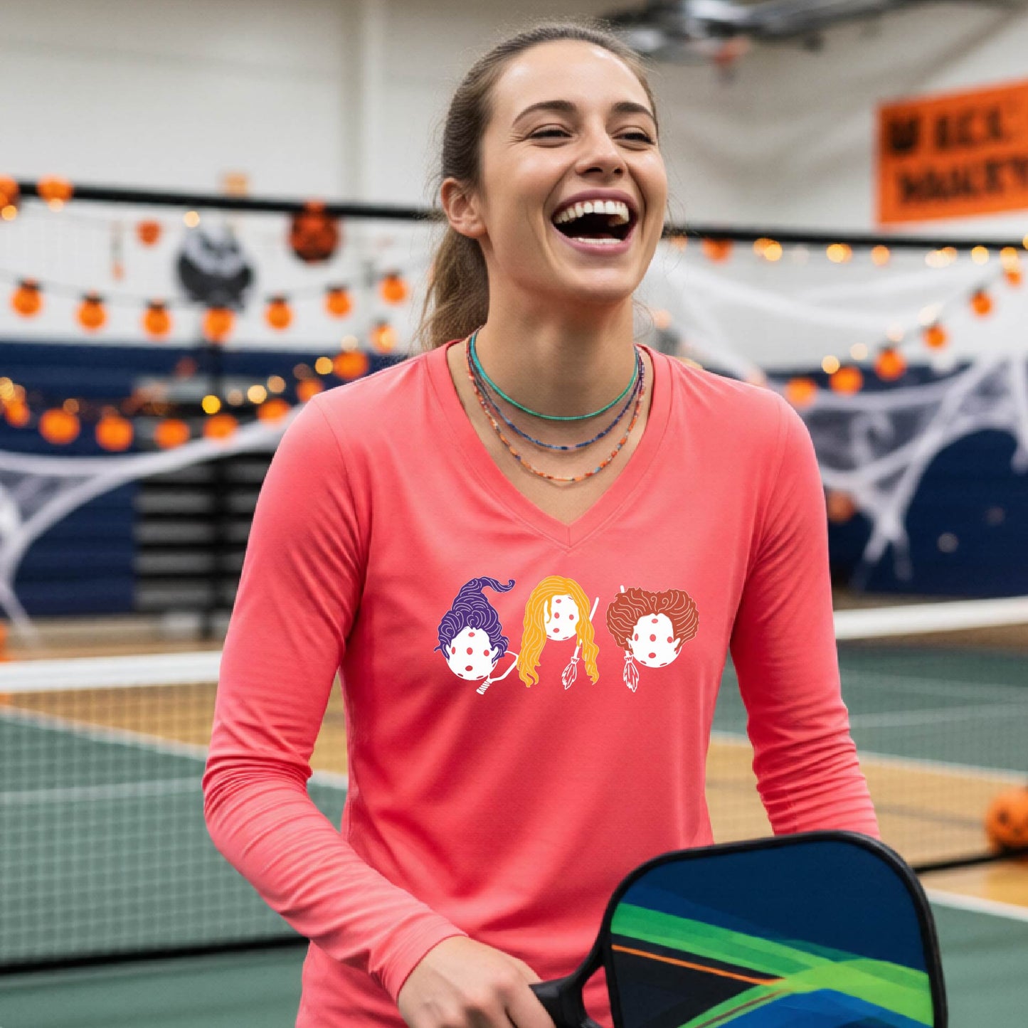 Pickleball Womens Halloween Shirt Funny Moisture-Wicking Long-Sleeve T-Shirt Spooky Season Pickleball Apparel Gift for Players