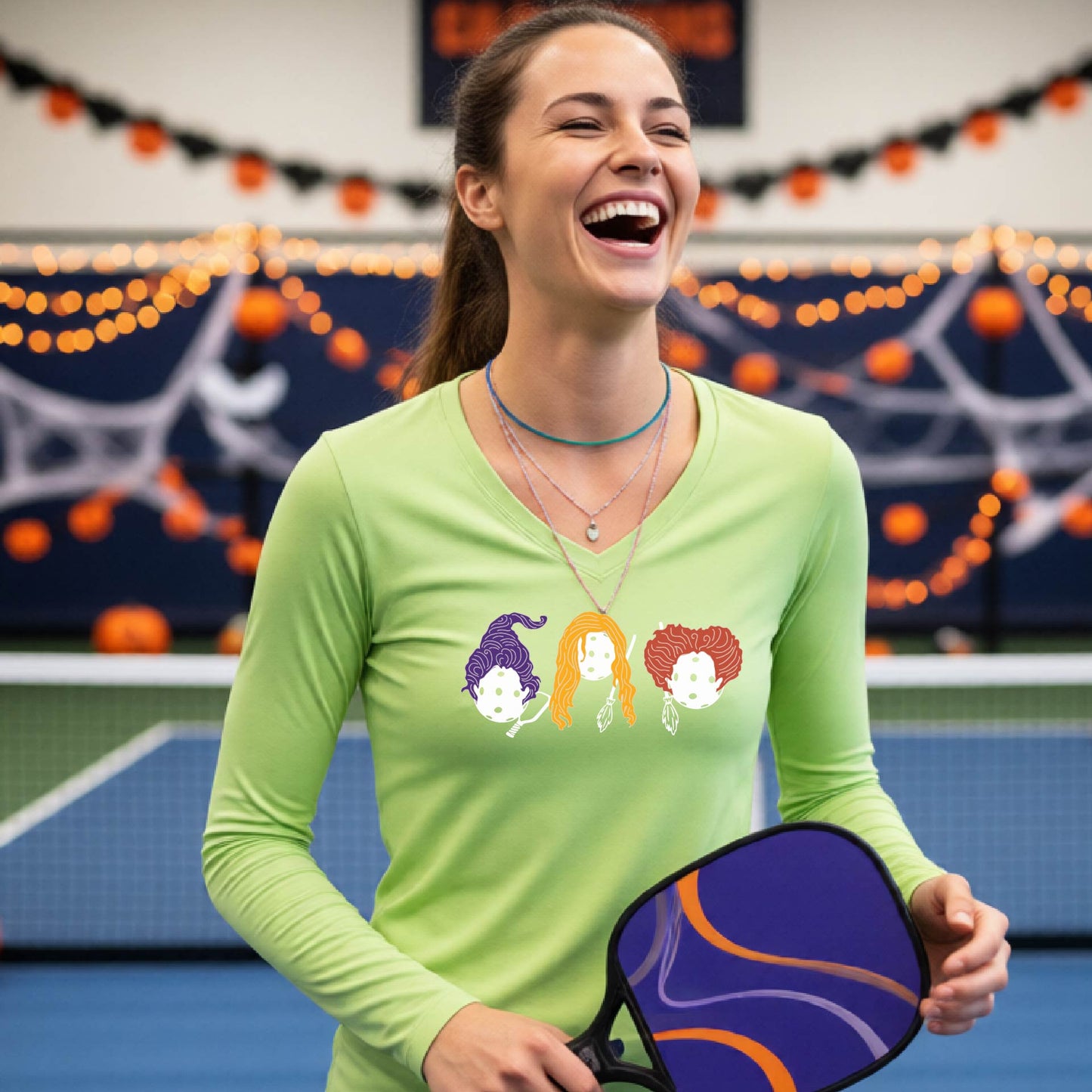 Pickleball Womens Halloween Shirt Funny Moisture-Wicking Long-Sleeve T-Shirt Spooky Season Pickleball Apparel Gift for Players