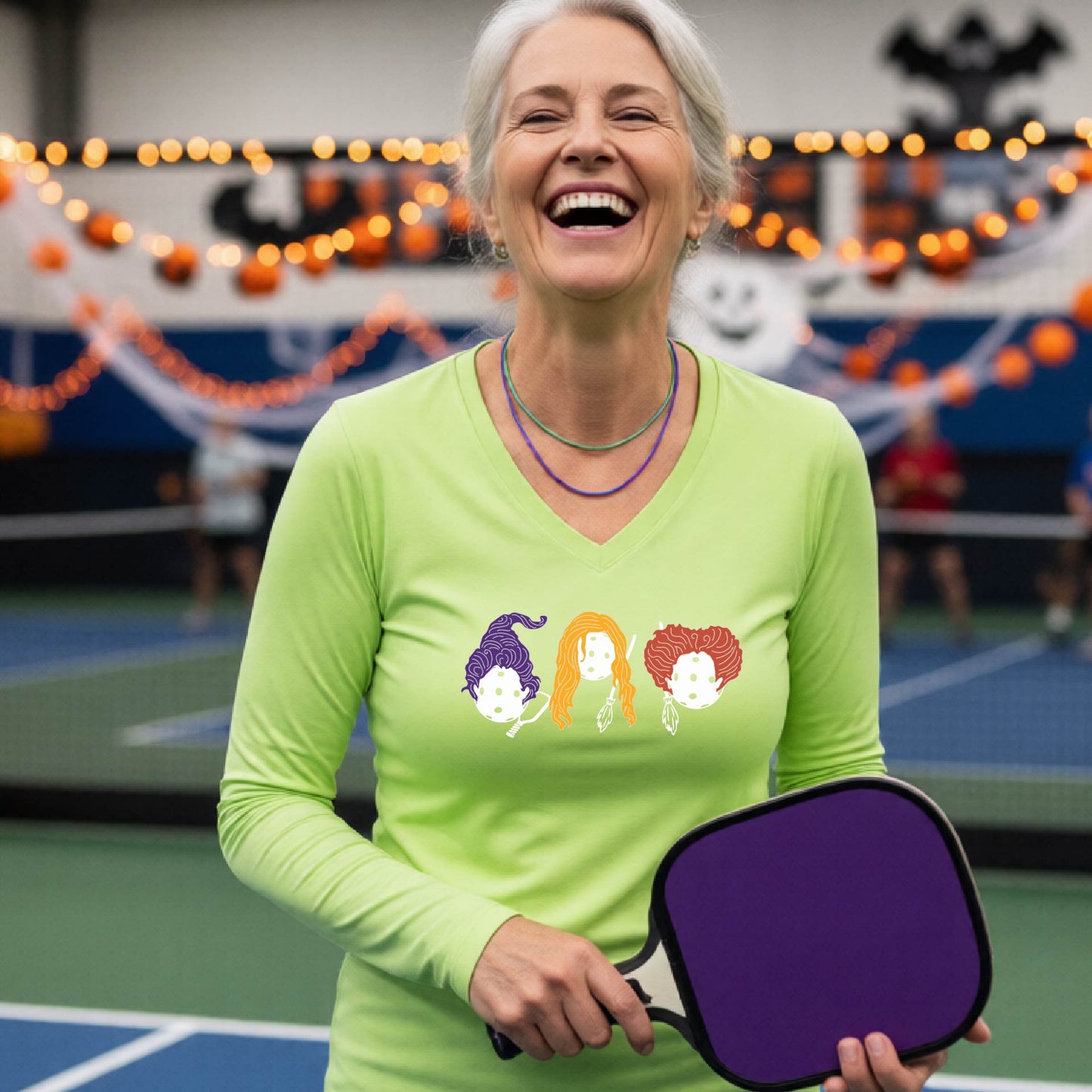Pickleball Womens Halloween Shirt Funny Moisture-Wicking Long-Sleeve T-Shirt Spooky Season Pickleball Apparel Gift for Players