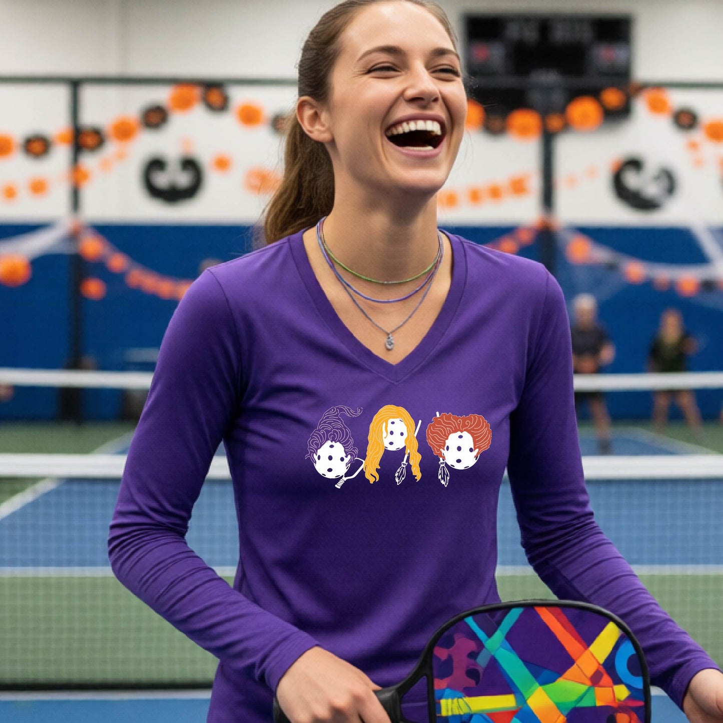 Pickleball Womens Halloween Shirt Funny Moisture-Wicking Long-Sleeve T-Shirt Spooky Season Pickleball Apparel Gift for Players