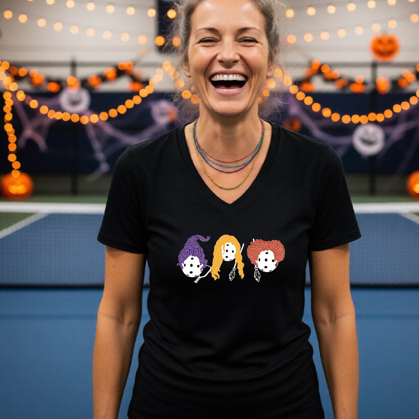 Halloween Shirt for Womens Pickleball Players Funny Short-Sleeve VNeckPickleball T-Shirt Spooky Season Moisture-Wicking
