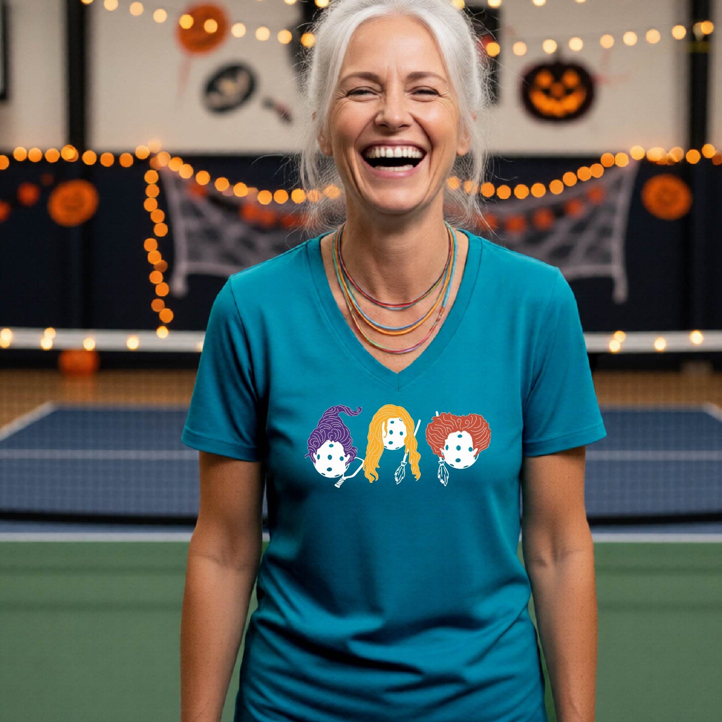 Halloween Shirt for Womens Pickleball Players Funny Short-Sleeve VNeckPickleball T-Shirt Spooky Season Moisture-Wicking