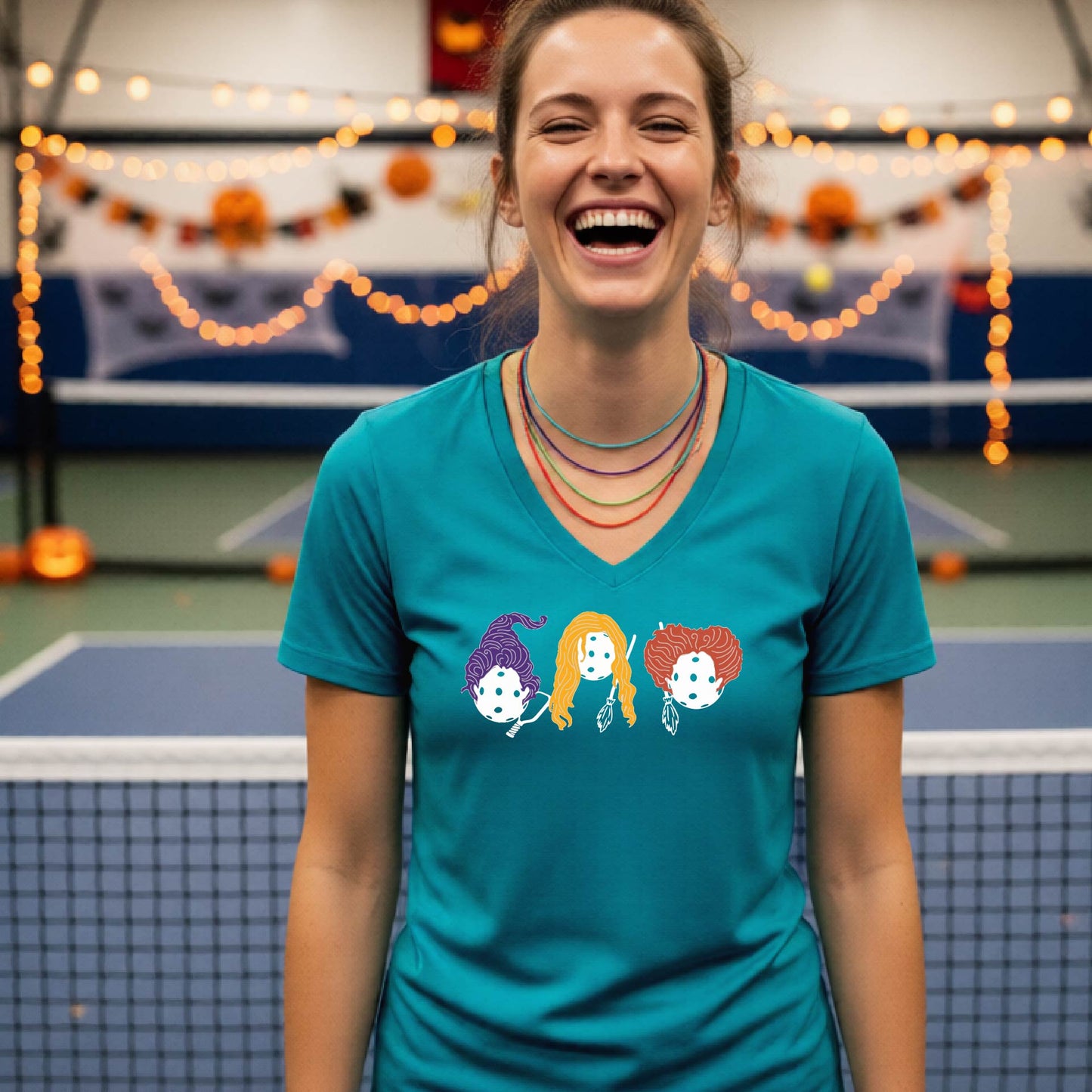 Halloween Shirt for Womens Pickleball Players Funny Short-Sleeve VNeckPickleball T-Shirt Spooky Season Moisture-Wicking