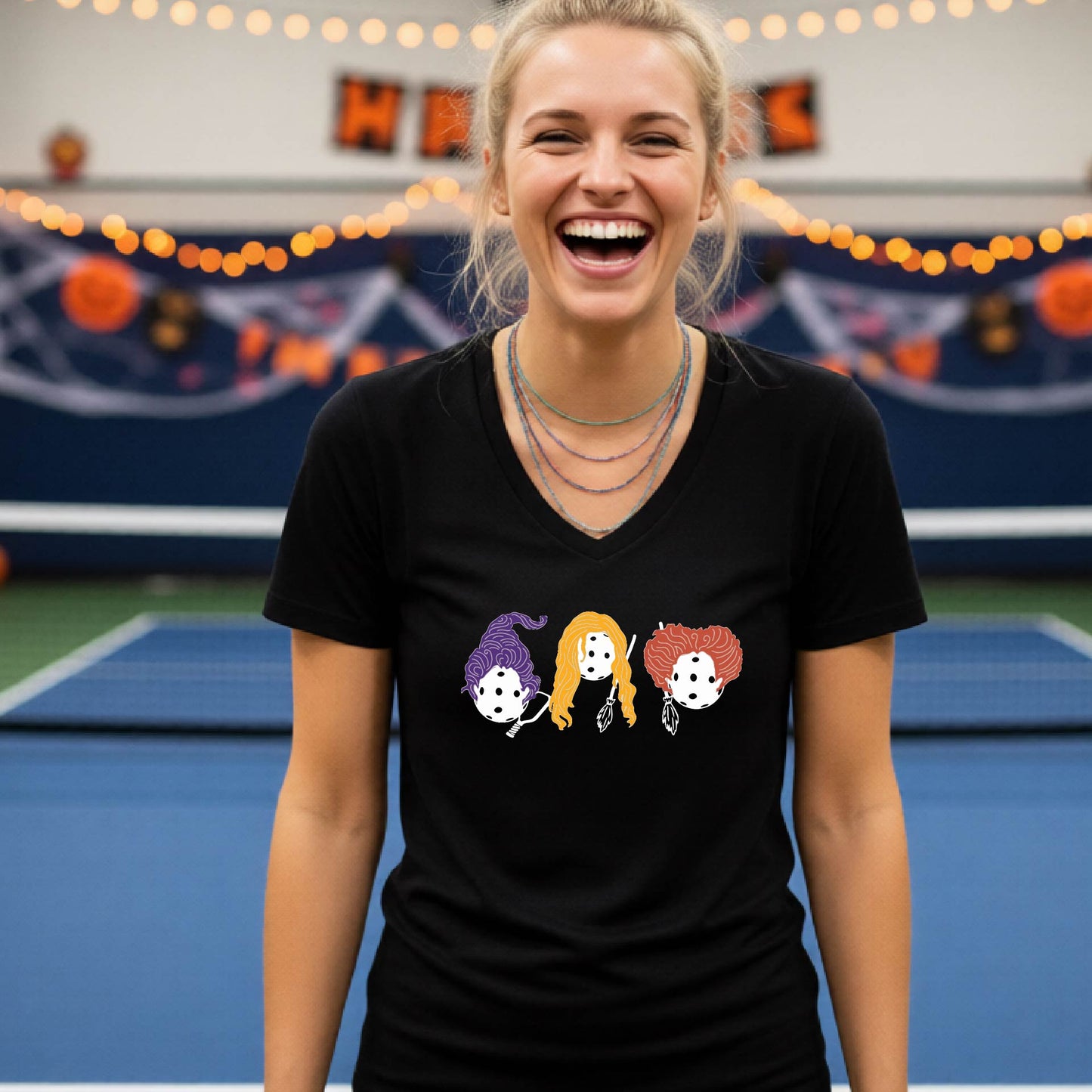 Halloween Shirt for Womens Pickleball Players Funny Short-Sleeve VNeckPickleball T-Shirt Spooky Season Moisture-Wicking