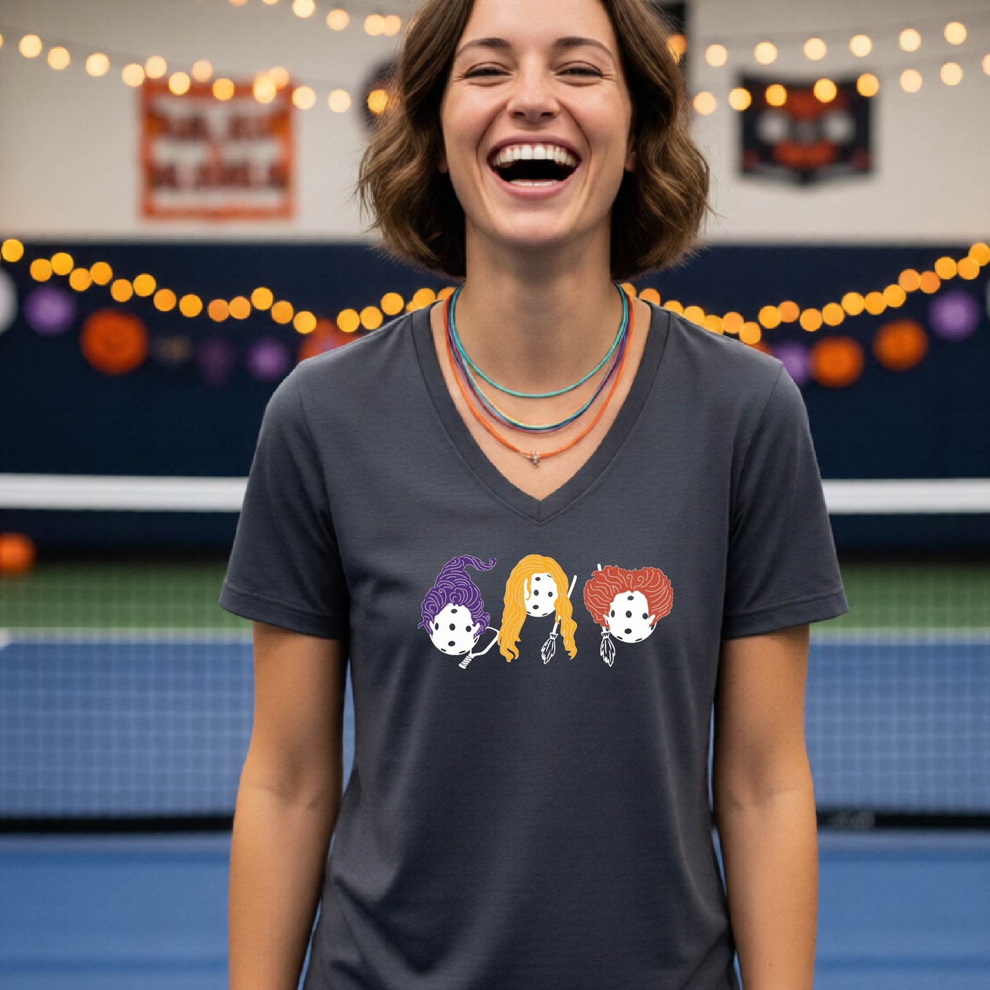 Halloween Shirt for Womens Pickleball Players Funny Short-Sleeve VNeckPickleball T-Shirt Spooky Season Moisture-Wicking