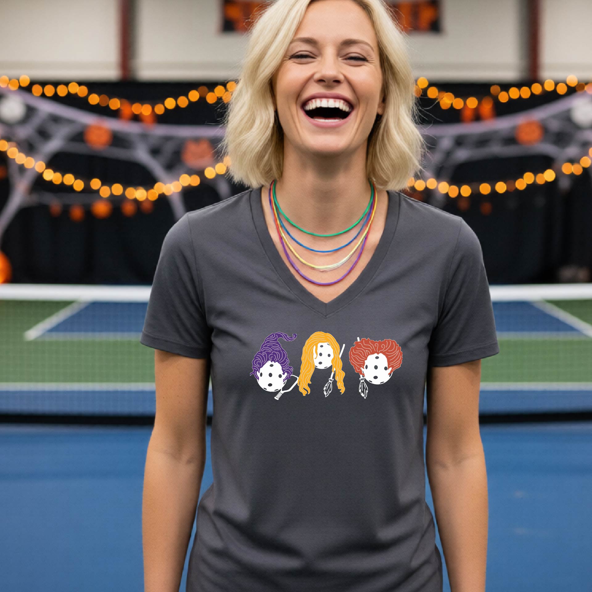 Halloween Shirt for Womens Pickleball Players Funny Short-Sleeve VNeckPickleball T-Shirt Spooky Season Moisture-Wicking