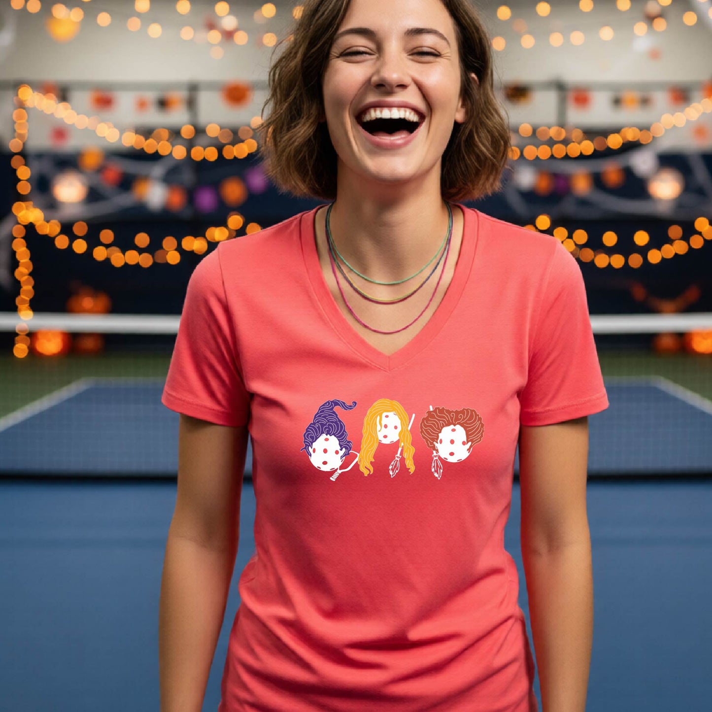Halloween Shirt for Womens Pickleball Players Funny Short-Sleeve VNeckPickleball T-Shirt Spooky Season Moisture-Wicking