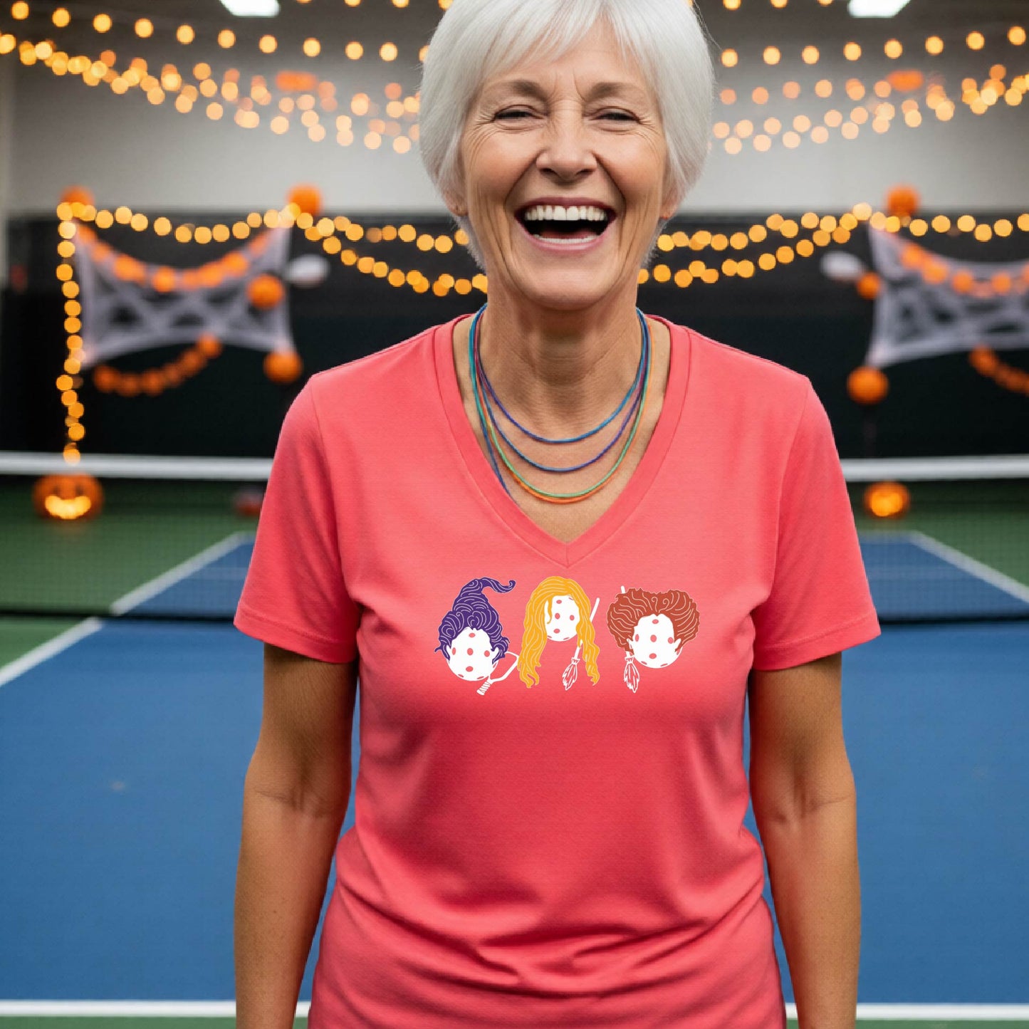 Halloween Shirt for Womens Pickleball Players Funny Short-Sleeve VNeckPickleball T-Shirt Spooky Season Moisture-Wicking