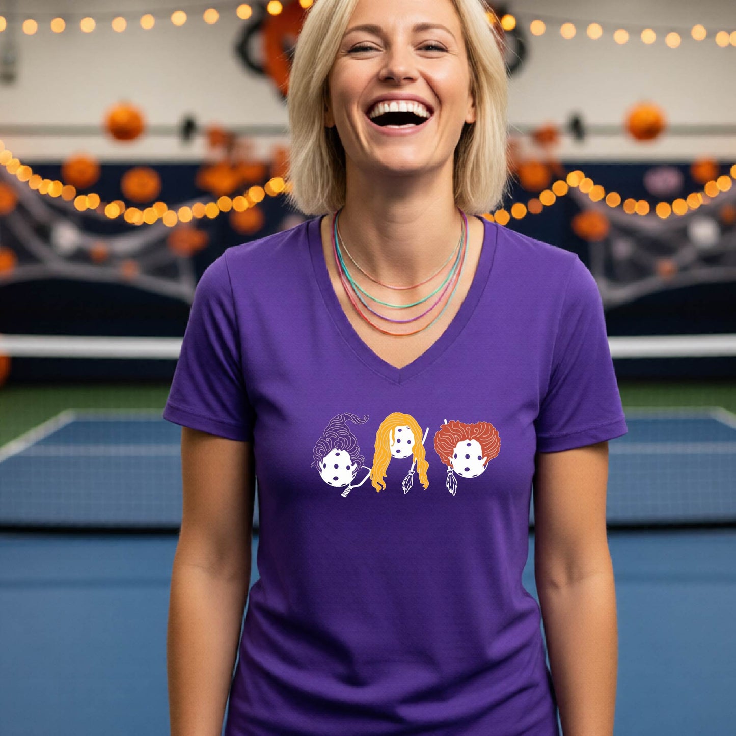 Halloween Shirt for Womens Pickleball Players Funny Short-Sleeve VNeckPickleball T-Shirt Spooky Season Moisture-Wicking