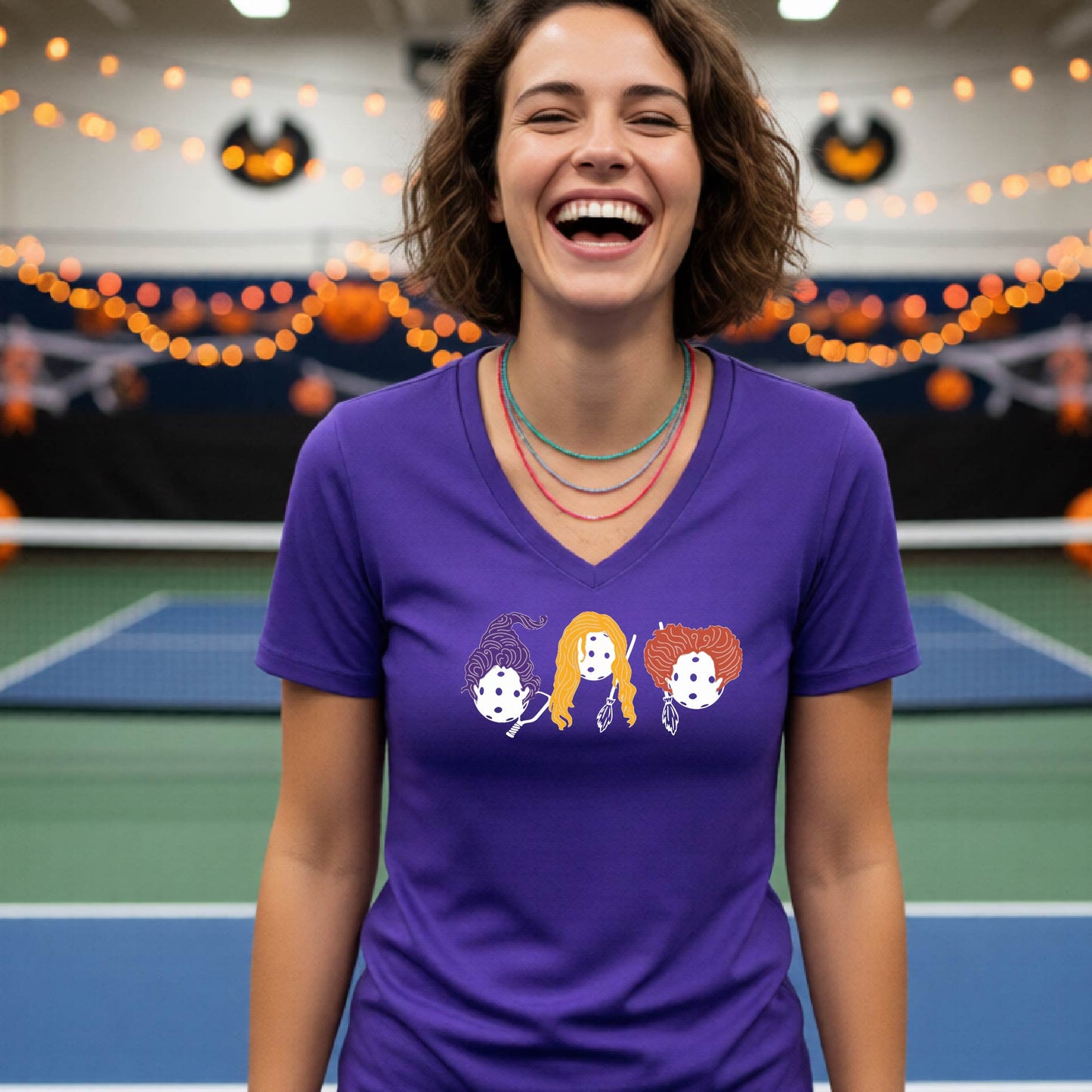 Halloween Shirt for Womens Pickleball Players Funny Short-Sleeve VNeckPickleball T-Shirt Spooky Season Moisture-Wicking
