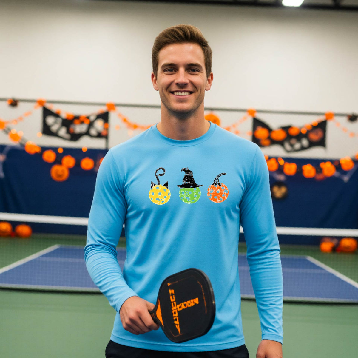 Mens Funny Halloween Pickleball Shirt Spooky Pickleball Long-Sleeve T-Shirt Moisture-Wicking Gift for Pickleball Players