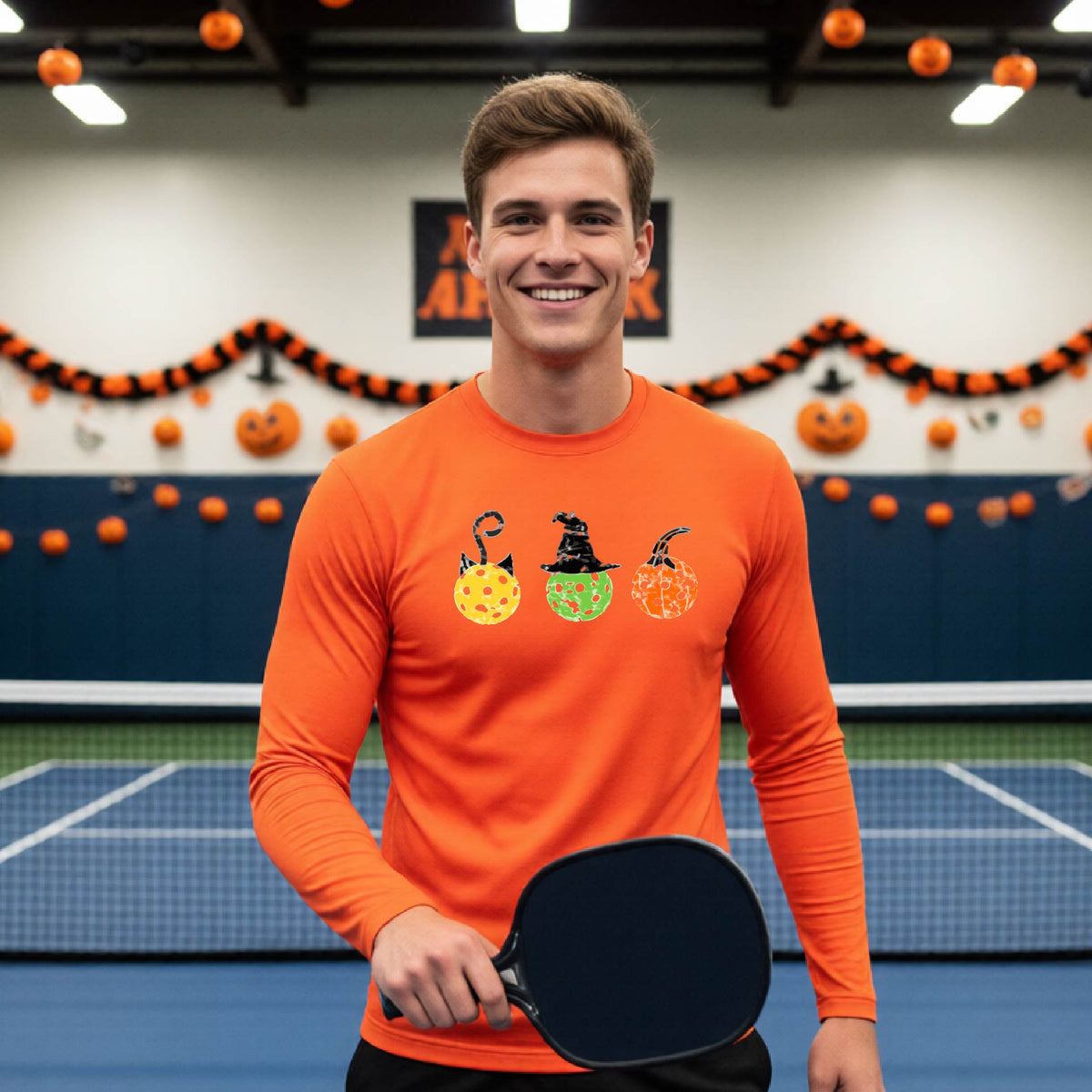 Mens Funny Halloween Pickleball Shirt Spooky Pickleball Long-Sleeve T-Shirt Moisture-Wicking Gift for Pickleball Players