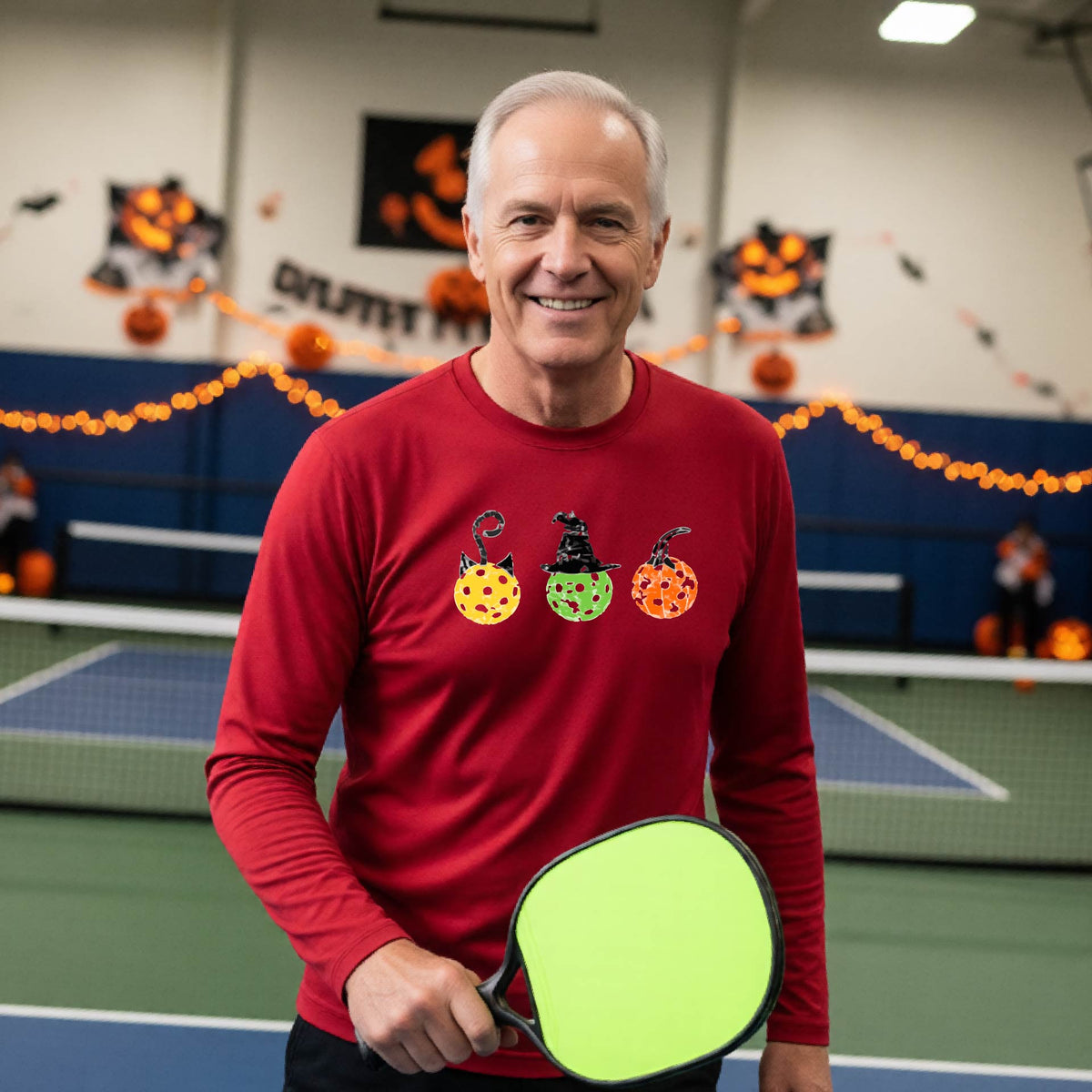 Mens Funny Halloween Pickleball Shirt Spooky Pickleball Long-Sleeve T-Shirt Moisture-Wicking Gift for Pickleball Players