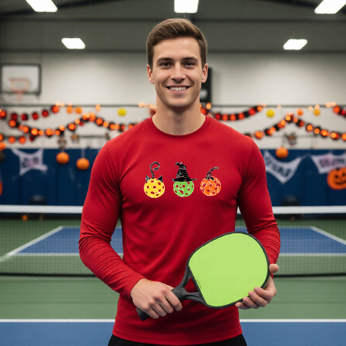 Mens Funny Halloween Pickleball Shirt Spooky Pickleball Long-Sleeve T-Shirt Moisture-Wicking Gift for Pickleball Players