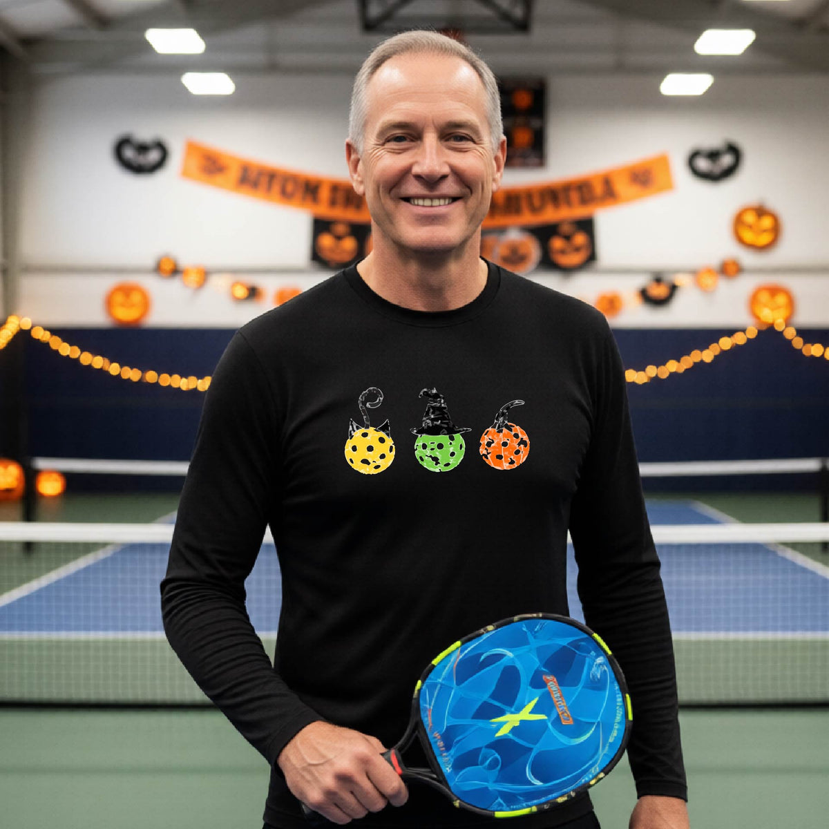 Mens Funny Halloween Pickleball Shirt Spooky Pickleball Long-Sleeve T-Shirt Moisture-Wicking Gift for Pickleball Players