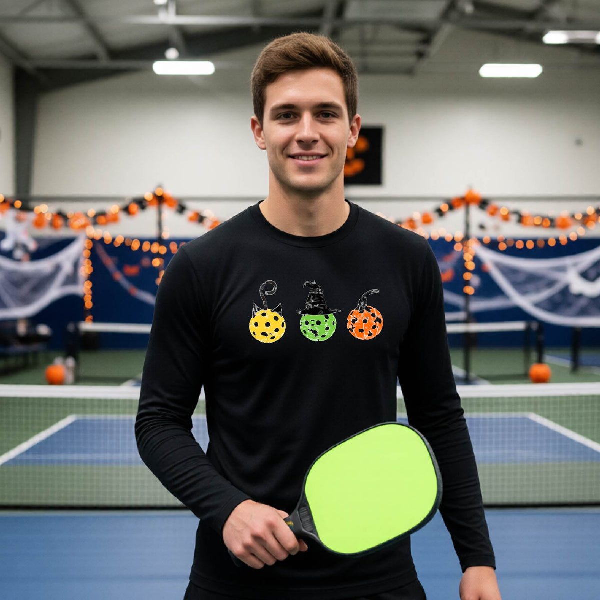 Mens Funny Halloween Pickleball Shirt Spooky Pickleball Long-Sleeve T-Shirt Moisture-Wicking Gift for Pickleball Players
