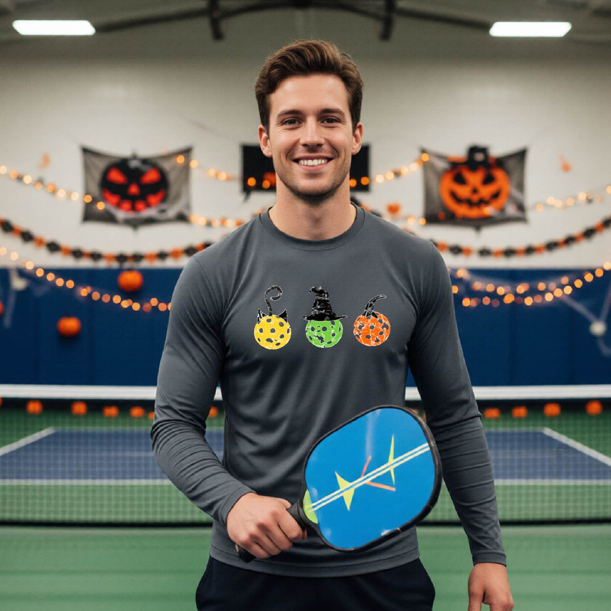 Mens Funny Halloween Pickleball Shirt Spooky Pickleball Long-Sleeve T-Shirt Moisture-Wicking Gift for Pickleball Players