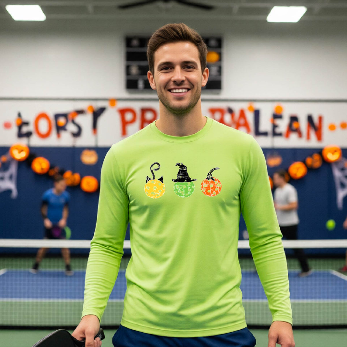 Mens Funny Halloween Pickleball Shirt Spooky Pickleball Long-Sleeve T-Shirt Moisture-Wicking Gift for Pickleball Players