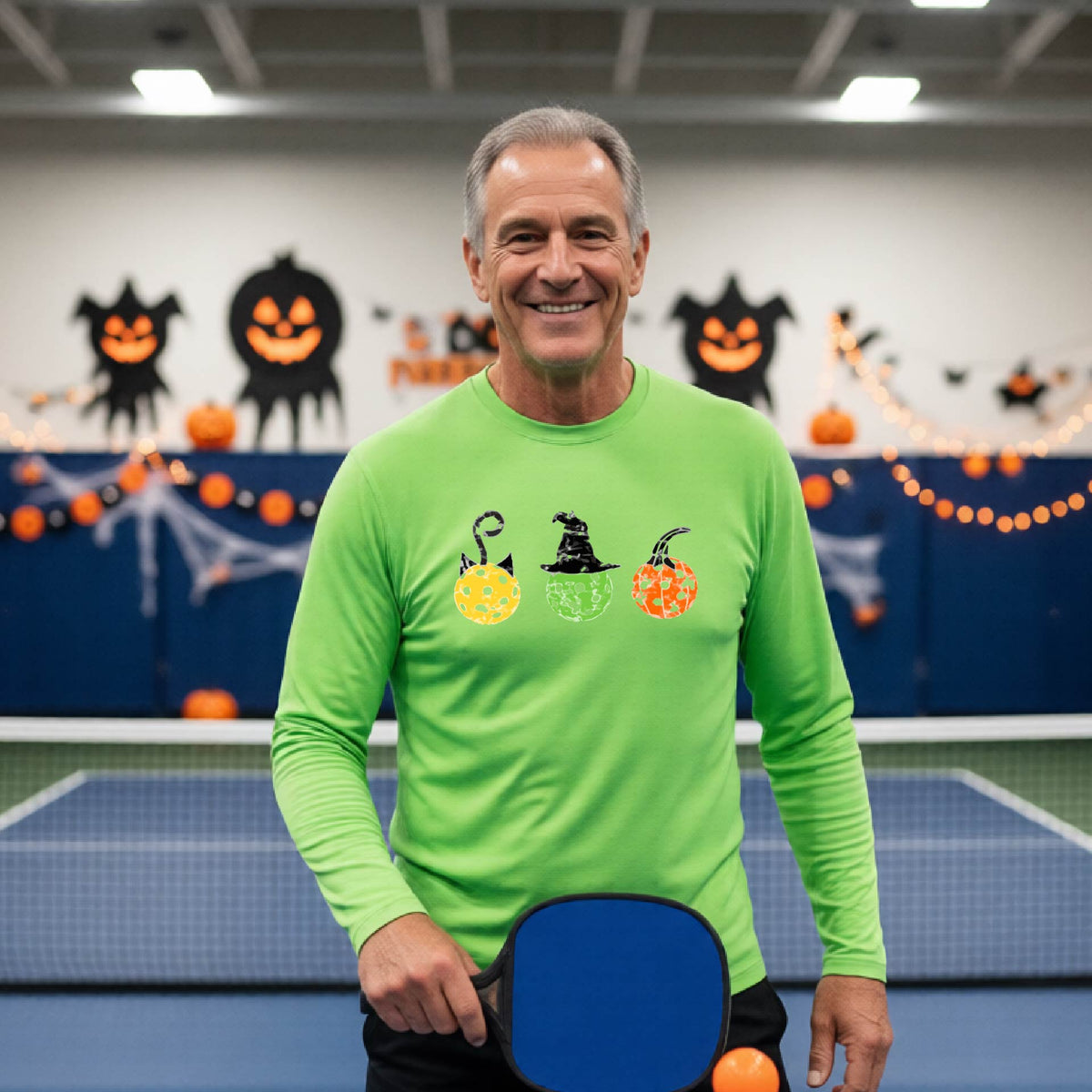 Mens Funny Halloween Pickleball Shirt Spooky Pickleball Long-Sleeve T-Shirt Moisture-Wicking Gift for Pickleball Players